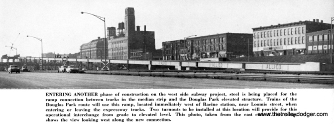 The ramp connecting Congress with Douglas was still being built in February 1958, four months before service began. If a similar ramp could have been built to the west of Marshfield, interurban trains of the Chicago, Aurora & Elgin would have been able to access the Loop via the Paulina Connector and the Lake Street “L”, just as the Pink Line (successor to the Douglas Park “L”) does today.