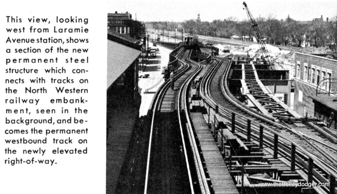 During the 1960-62 work to put the west end of Lake onto the C&NW embankment, we have a transitional view, showing the new ramp onto the embankment at right, and the reworked ramp down to street level at left.